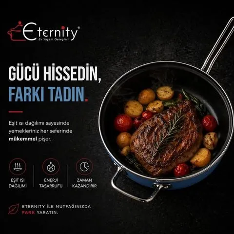 Mavi Eternity tavada biftek, fırın patates ve çeri domates
