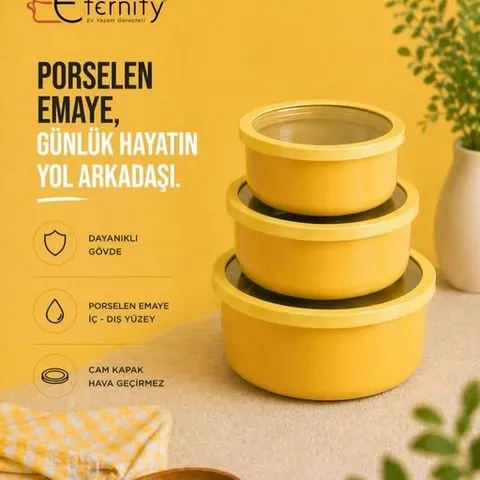 Üst üste dizilmiş cam kapaklı sarı porselen emaye saklama kapları